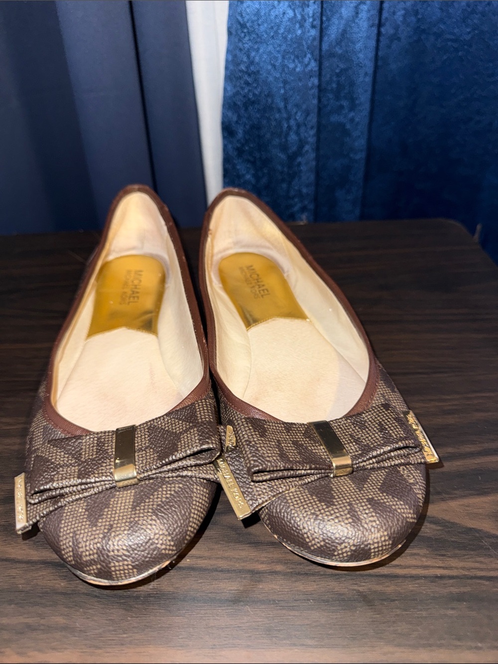 Michael Kors Brown Monogram Bow Ballet Flats with Gold Accents